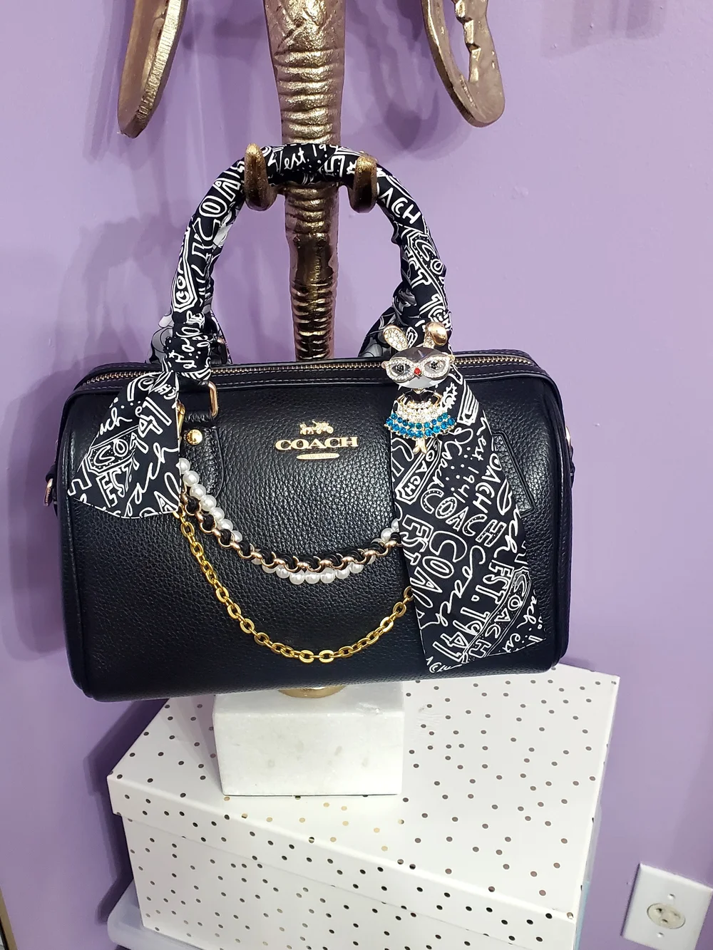Coach Rowan Black Leather Satchel with Printed Scarf-Wrapped Handles